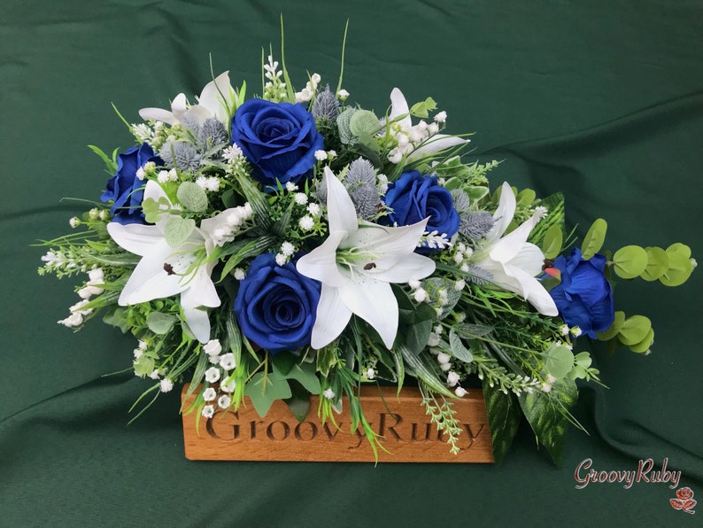 Blue Angel, Artificial Spray Funeral Flowers Coffin Topper Memorial Lasting Artificial Floral Tribute Casket Blue Rose Tiger Lily Thistle image 3