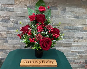 Seasons Greetings, Tall, Flat Back Grave Pot Artificial Flowers Tribute Funeral Lasting Memorial Artificial Floral Tributes Flowers Keepsake