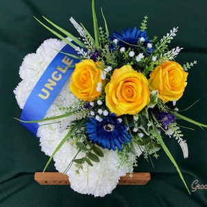 Yellow & Navy Family Named Heart Tribute, Artificial Flowers Tribute Funeral Lasting Memorial Artificial Floral Tributes image 1