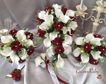 Burgundy Roses With Choice of White or Ivory Calla Lily, Classic, Artificial Wedding Flowers, Elegance, Bridal Bouquet