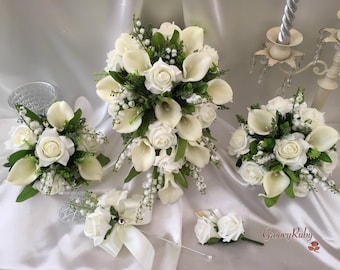 Ivory Rose, Large Calla Lily, Lily of the Valley, Rustic, Wedding  Artificial Wedding Flowers, Elegance, Bridal Bouquet, Bridesmaid, Classic