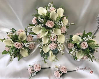 Mocha Pink Rose, Large Calla Lily, Lily of the Valley, Rustic, Wedding  Artificial Wedding Flowers, Elegance, Bridal Bouquet, Bridesmaid