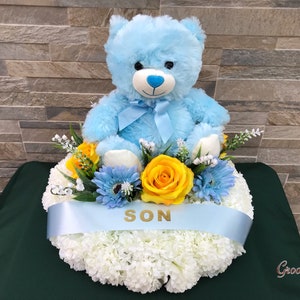 Blue Bear Posy Pad, Artificial Flowers Tribute Funeral Lasting Memorial Artificial Floral Tributes, Children, Baby, Family Name image 1
