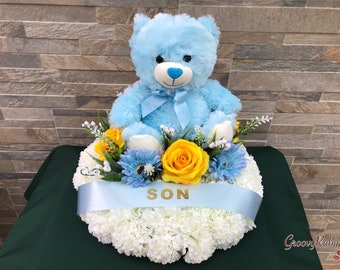 Blue Bear Posy Pad, Artificial Flowers Tribute Funeral Lasting Memorial Artificial Floral Tributes, Children, Baby, Family Name