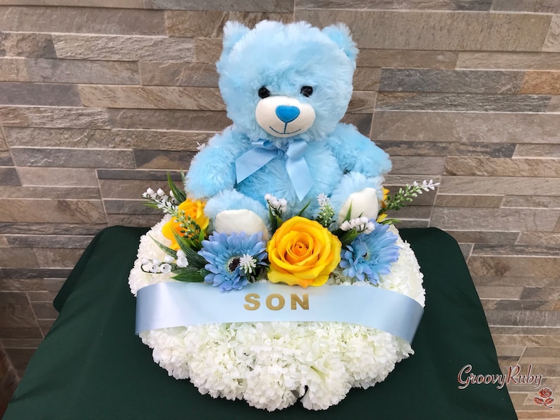 Blue Bear Posy Pad, Artificial Flowers Tribute Funeral Lasting Memorial Artificial Floral Tributes, Children, Baby, Family Name image 1