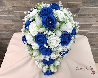 Off White Thistle With Royal Blue Foam Roses & Gypsophila, Artificial Wedding Flowers, Elegance, Bridal Bouquet, Bridesmaid, Flower Girl