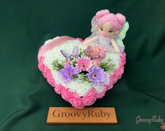 Fairy Garden, Heart Tribute, Artificial Flowers Tribute Funeral Lasting Memorial Artificial Floral Tributes, Children, Baby, Family Name