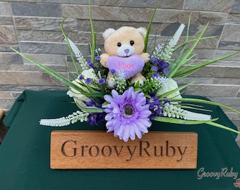 Lilac Mum Bear, Grave Pot, Mother's Day, Mum, Mother, Artificial Floral Tributes, Funeral, Memorial, Grave, Flowers, Happy Mother's Day