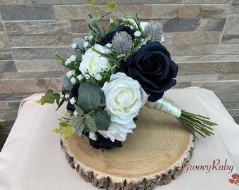 Highland, Hand Tied Artificial Wedding Flowers, Bouquet, Blue Thistle, Bridal Bouquet, Silk Rose, Colour Choice, Bridesmaid, Flower Girl