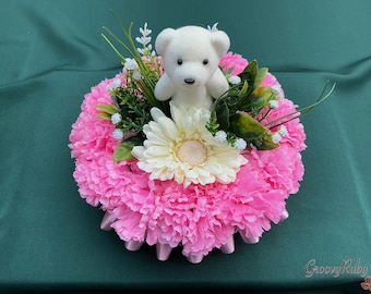 Little Bear Pink Tribute, Artificial Flowers, Floral Tributes, Lasting Memorial, Decoration, Funeral, Grave, Cute Bear Pick, Posy Pad