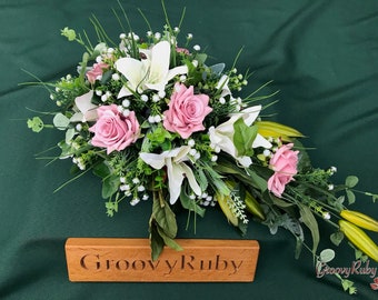 Forever Vintage, Artificial Spray Funeral Flowers Coffin Topper Memorial Lasting Artificial Floral Tributes Casket Pink Rose Tiger Lilies