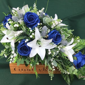 Blue Angel, Artificial Spray Funeral Flowers Coffin Topper Memorial Lasting Artificial Floral Tribute Casket Blue Rose Tiger Lily Thistle image 1