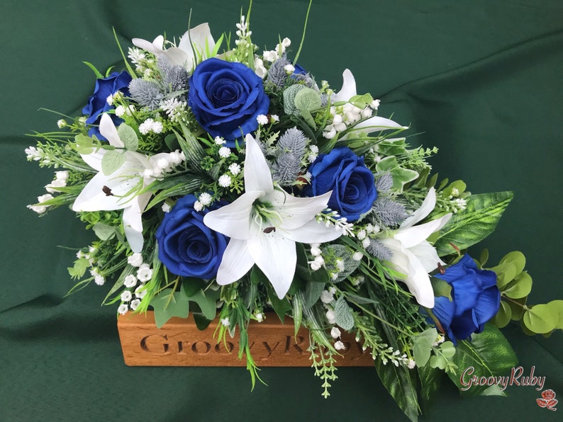 Blue Angel, Artificial Spray Funeral Flowers Coffin Topper Memorial Lasting Artificial Floral Tribute Casket Blue Rose Tiger Lily Thistle image 1