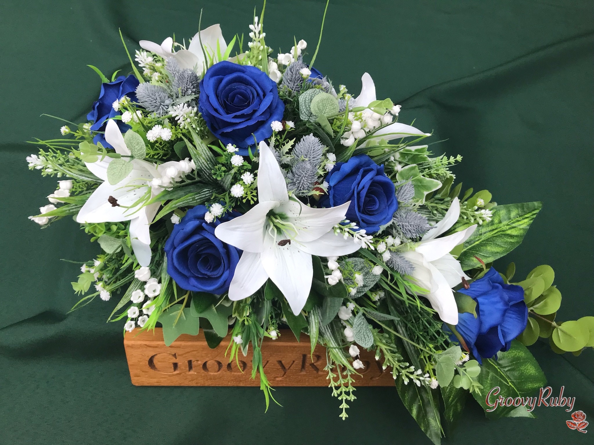 Blue Angel, Artificial Spray Funeral Flowers Coffin Topper