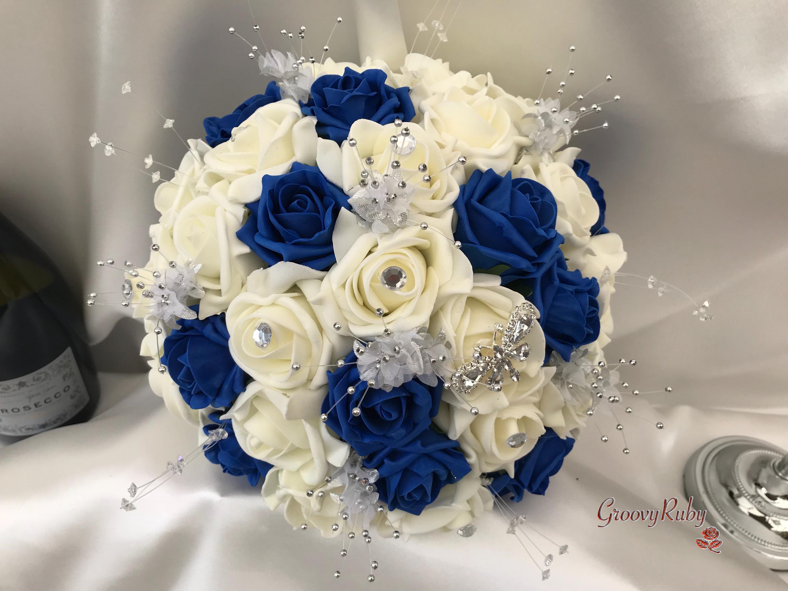 Royal Blue & Ivory Rose With Silver, Crystal Butterfly, Artificial ...