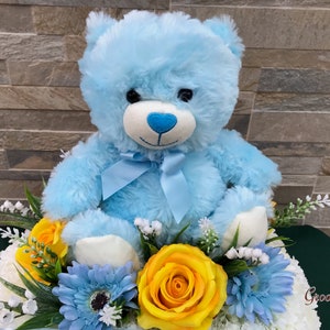 Blue Bear Posy Pad, Artificial Flowers Tribute Funeral Lasting Memorial Artificial Floral Tributes, Children, Baby, Family Name image 4