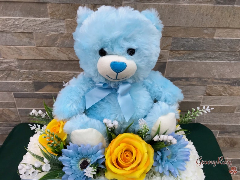 Blue Bear Posy Pad, Artificial Flowers Tribute Funeral Lasting Memorial Artificial Floral Tributes, Children, Baby, Family Name image 4