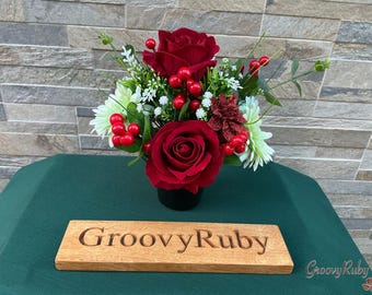 Festive, Grave Pot Artificial Flowers Tribute Funeral Lasting Memorial Artificial Floral Tributes Flowers Keepsake Seasonal Xmas Red