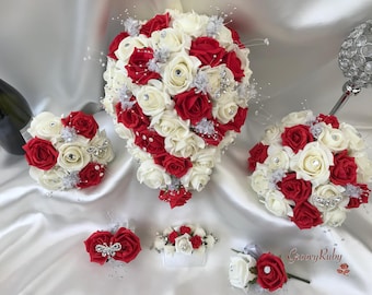 Red & Ivory Rose With Silver, Crystal Butterfly, Artificial Wedding Flowers, Elegance, Bridal Bouquet, Bridesmaid, Flower Girl, Wedding
