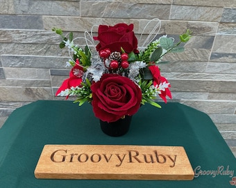 Holly, Grave Pot Artificial Flowers Tribute Funeral Lasting Memorial Artificial Floral Tributes Flowers Keepsake Seasonal Xmas Red