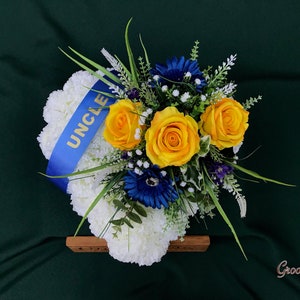 Yellow & Navy Family Named Heart Tribute, Artificial Flowers Tribute Funeral Lasting Memorial Artificial Floral Tributes image 4