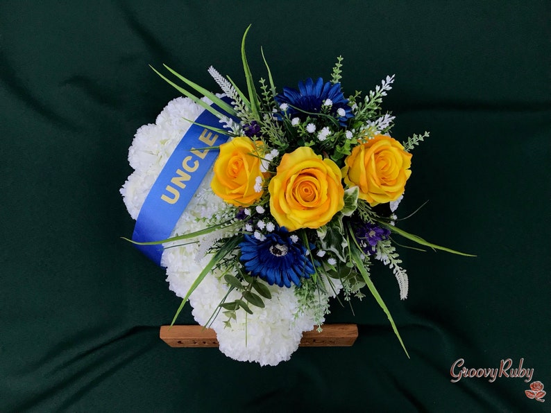 Yellow & Navy Family Named Heart Tribute, Artificial Flowers Tribute Funeral Lasting Memorial Artificial Floral Tributes image 4