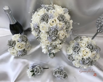 Silver/Grey & Ivory Rose With Silver, Crystal Butterfly, Artificial Wedding Flowers, Elegance, Bridal Bouquet, Bridesmaid, Flower, Wedding