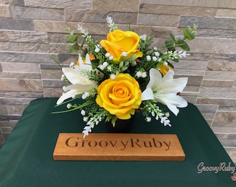Sunbeam, Grave Pot Artificial Flowers Tribute Funeral Lasting Memorial Artificial Floral Tributes Yellow Rose Silk Sun