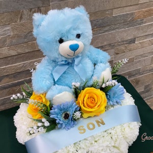 Blue Bear Posy Pad, Artificial Flowers Tribute Funeral Lasting Memorial Artificial Floral Tributes, Children, Baby, Family Name image 3