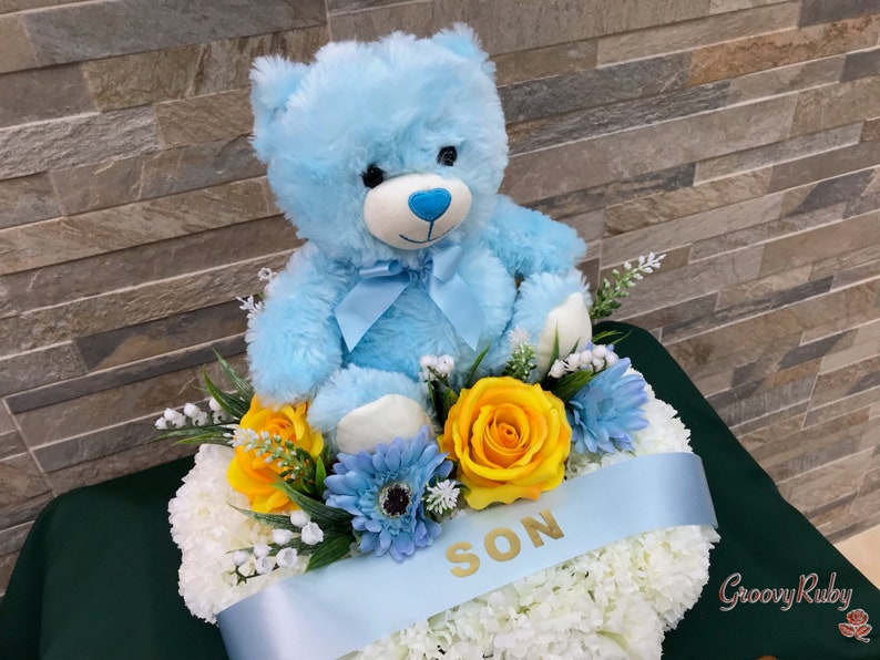 Blue Bear Posy Pad, Artificial Flowers Tribute Funeral Lasting Memorial Artificial Floral Tributes, Children, Baby, Family Name image 3