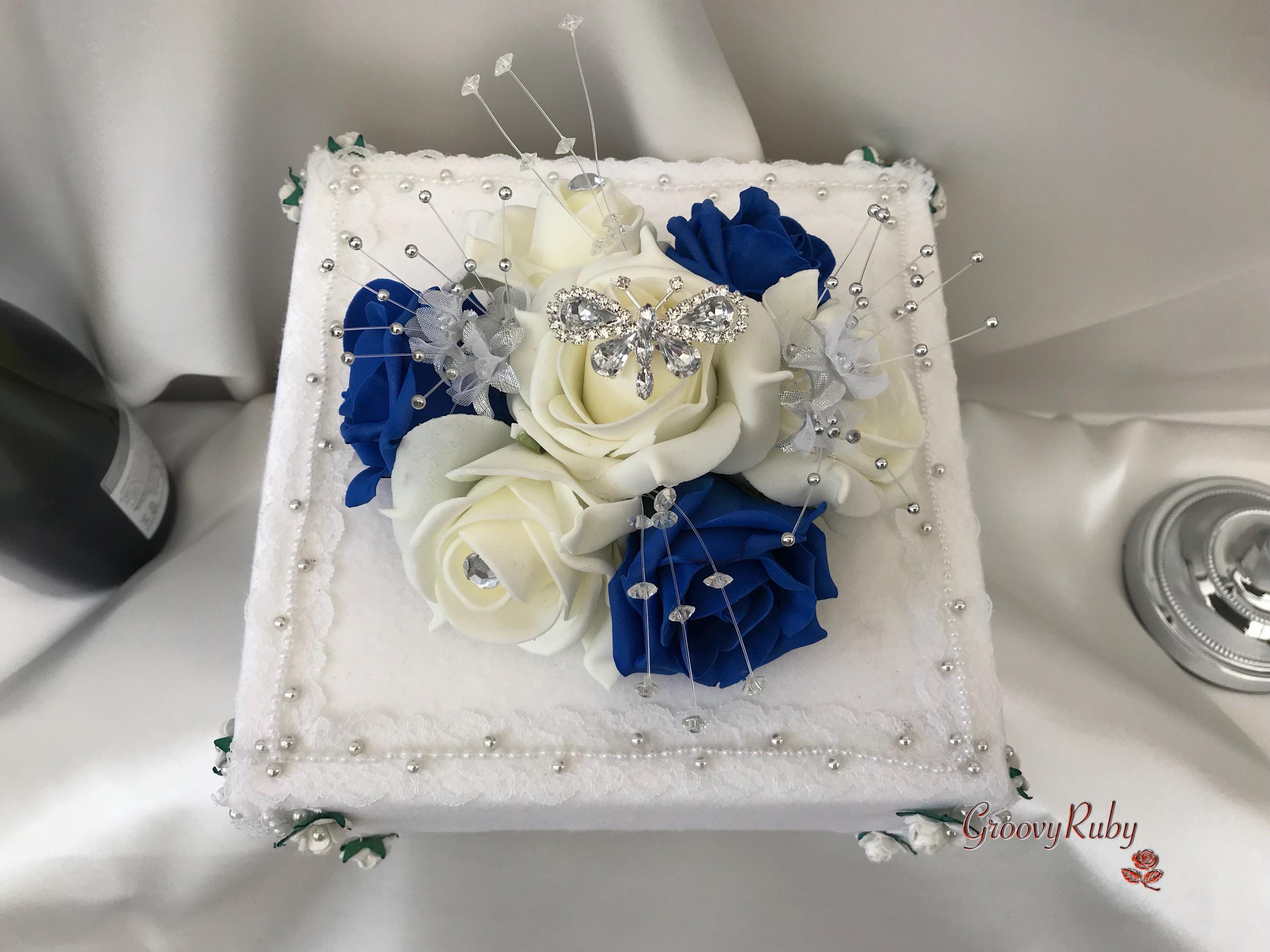 Royal Blue & Ivory Rose With Silver, Crystal Butterfly, Artificial ...