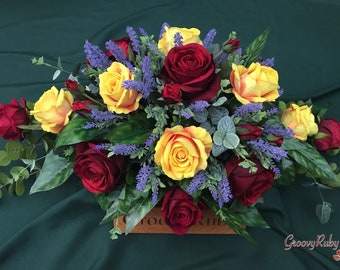 Crimson Sunset, Artificial Casket Spray Funeral Flowers Coffin Topper Memorial Lasting Artificial Floral Tributes Silk
