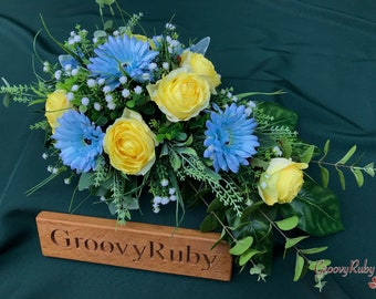 Afternoon Sky, Artificial Spray Funeral Flowers Coffin Topper Memorial Artificial Floral Tributes Casket Baby Blue Gerbera Yellow Rose