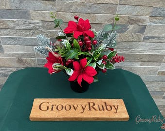 Poinsettia, Grave Pot Artificial Flowers Tribute Funeral Lasting Memorial Artificial Floral Tributes Flowers Keepsake Seasonal Xmas Red