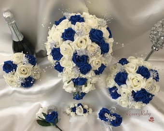Royal Blue & Ivory Rose With Silver, Crystal Butterfly, Artificial Wedding Flowers, Elegance, Bridal Bouquet, Bridesmaid, Flower, Wedding