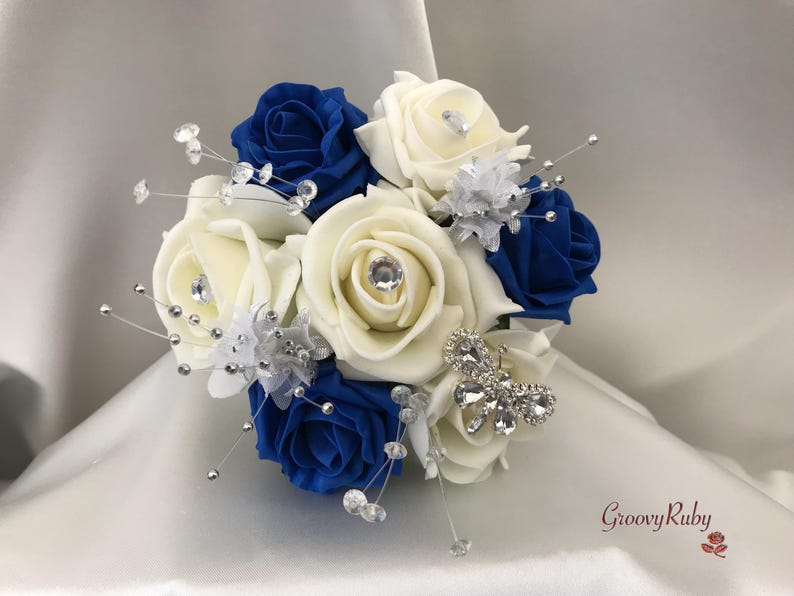 Royal Blue & Ivory Rose With Silver, Crystal Butterfly, Artificial ...