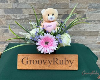 Pink Mum Bear, Grave Pot, Mother's Day, Mum, Mother, Artificial Floral Tributes, Funeral, Memorial, Grave, Flowers, Happy Mother's Day