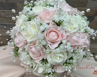 Roses With Gypsophila, Pearl Sprays, Artificial Wedding Flowers, Elegance, Bridal Bouquet, Bridesmaid, Flower Girl
