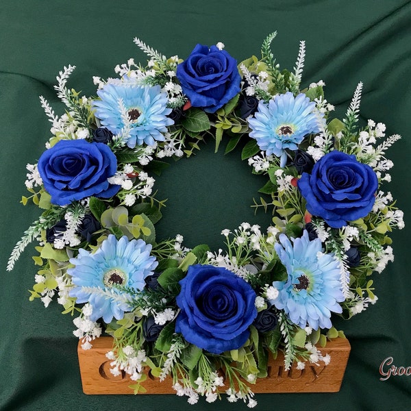 By The Sea Wreath, Handmade Artificial Flowers Floral Tributes Beautiful Door Rose Silk, Blue Decoration Tribute Keepsake Ocean