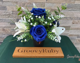 Ocean Wave, Grave Pot Artificial Flowers Tribute Funeral Lasting Memorial Artificial Floral Tributes Sea Blue Rose Tiger Lily