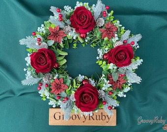 Christmas Rose Wreath, Artificial Christmas Wreath, Grave, Memorial, Funeral, Floral Tributes, Xmas Decoration, Wreath, Door, Seasonal