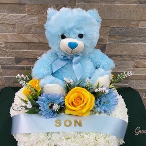 Blue Bear Posy Pad, Artificial Flowers Tribute Funeral Lasting Memorial Artificial Floral Tributes, Children, Baby, Family Name image 2