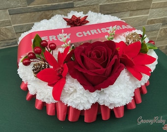 Christmas Wreath Personalised Ribbon, Christmas Posy Pad, 12" Xmas, Artificial Flowers, Lasting Memorial, Decoration, Funeral, Grave