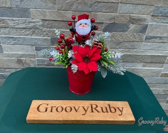 Santa, Red Christmas Bucket, Artificial Flowers Tribute Funeral Lasting Memorial Artificial Floral Tributes Keepsake Seasonal Xmas