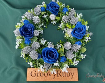 Blue Christmas Wreath, Artificial Christmas Wreath, Grave, Memorial, Funeral, Floral Tributes, Xmas Decoration, Wreath, Door, Seasonal