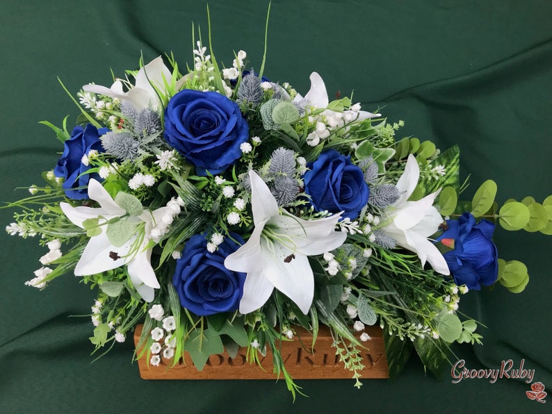 Blue Angel, Artificial Spray Funeral Flowers Coffin Topper Memorial Lasting Artificial Floral Tribute Casket Blue Rose Tiger Lily Thistle image 4