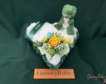 Dino Roar, Heart Tribute, Artificial Flowers Tribute Funeral Lasting Memorial Artificial Floral Tributes, Children, Baby, Family Name