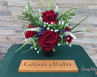 True Love, Grave Pot Artificial Flowers Tribute Funeral Lasting Memorial Artificial Floral Tributes Flowers Keepsake Red Roses Silk