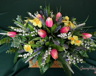 Spring Awakening, Artificial Casket Spray Funeral Flowers Coffin Topper Memorial Lasting Artificial Floral Tributes Silk
