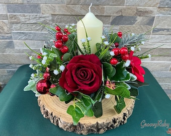 Christmas Candle Centrepiece, Xmas, Artificial Flowers, Lasting Memorial, Decoration, Funeral, Grave, Table Centrepiece, Table Decoration